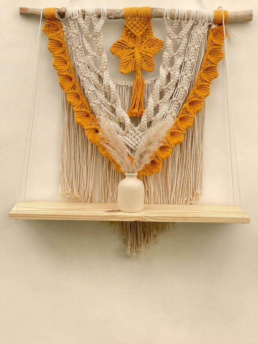 Cream and yellow macramé wall hanging, a housewarming gift idea