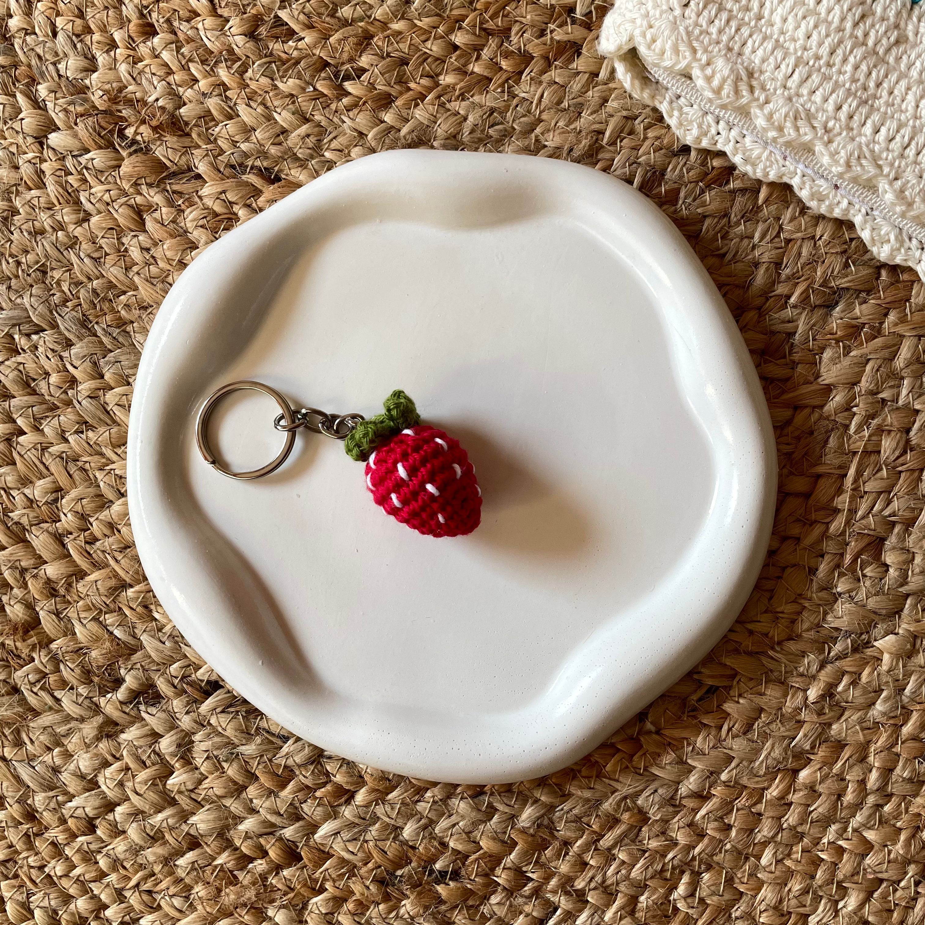 Crochet strawberry keychain, handmade amigurumi bag charm by Looped Little Things