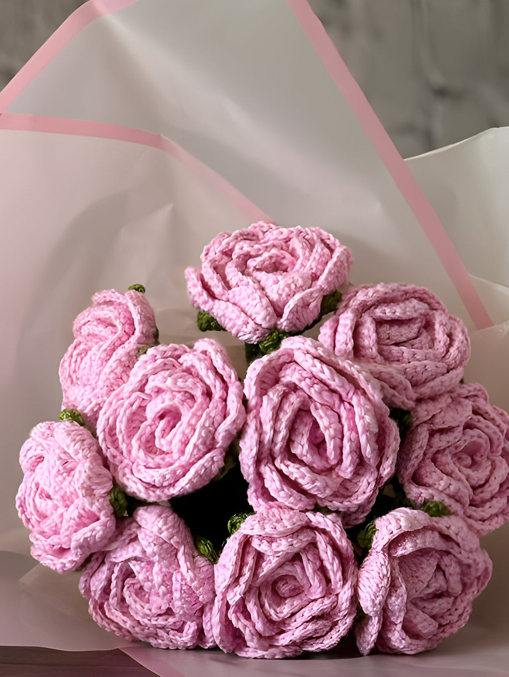 Crochet 11 Pink Rose Bouquet 'Blush Crush' by Looped Little Things, close-up