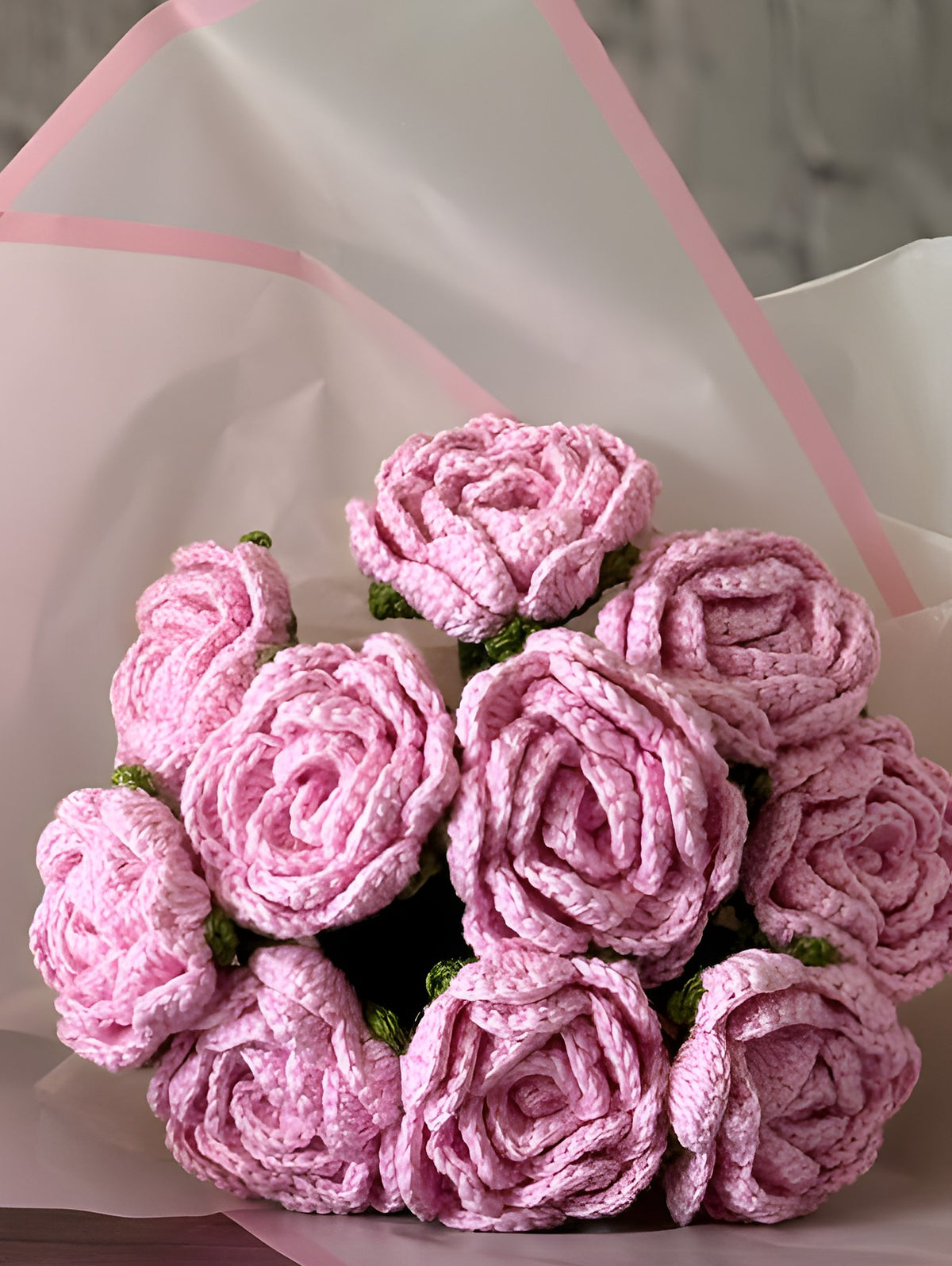 Crochet 11 Pink Rose Bouquet 'Blush Crush' by Looped Little Things, close-up