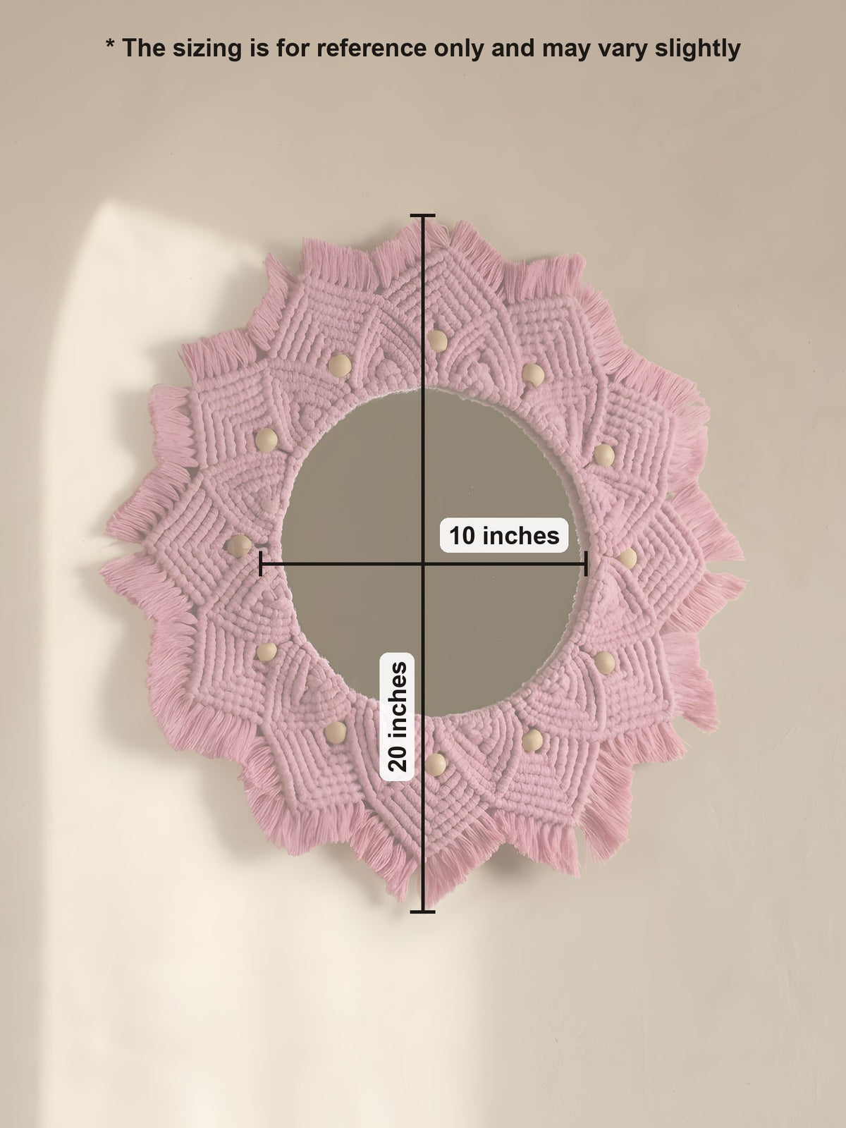 Macramé Mirror 'Blush Hour' by Looped Little Things, size guide