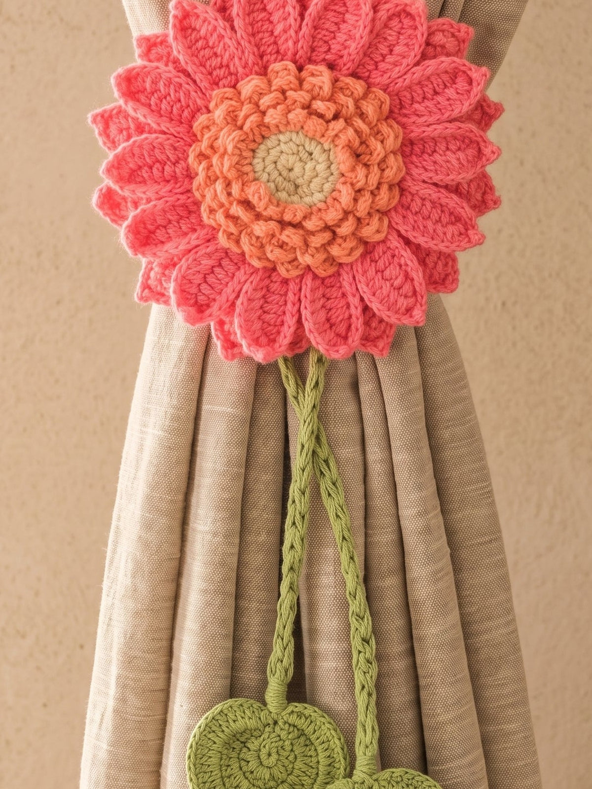 Macramé Curtain Tie Blushing Bloom by Looped Little Things, close-up