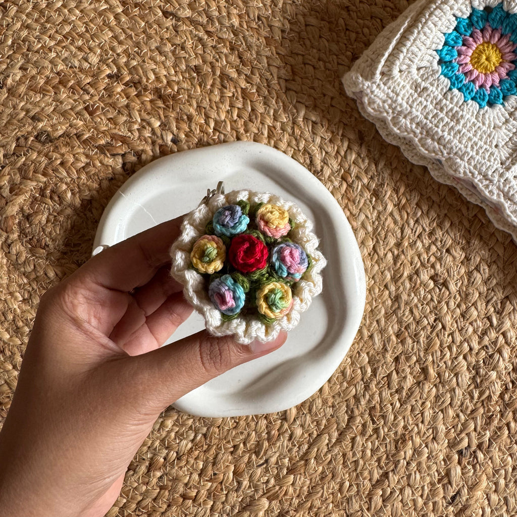 Handmade Crochet Mini Flower Bouquet Keychain — 'Bloom & Key'