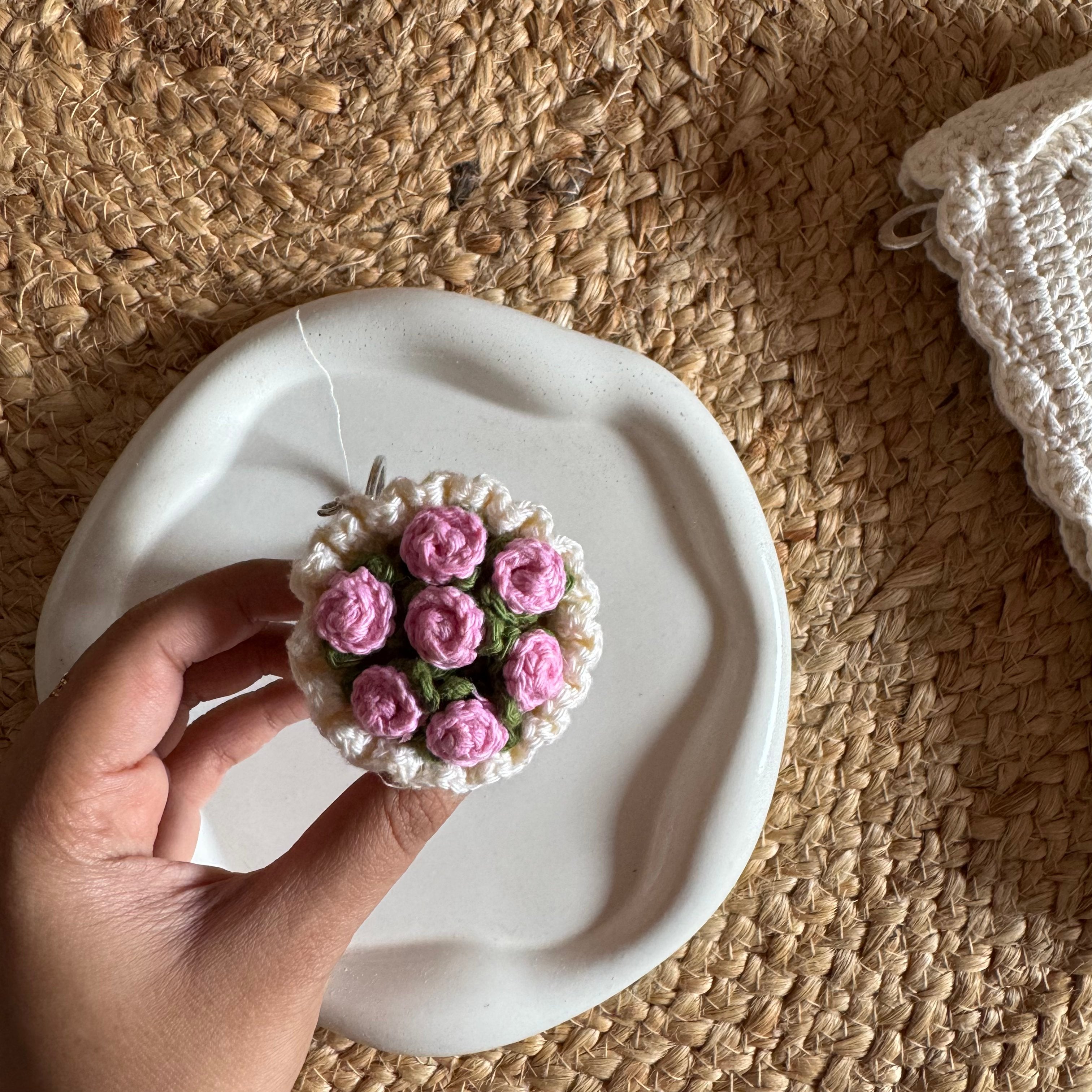 Handmade Crochet Mini Flower Bouquet Keychain — 'Bloom & Key'