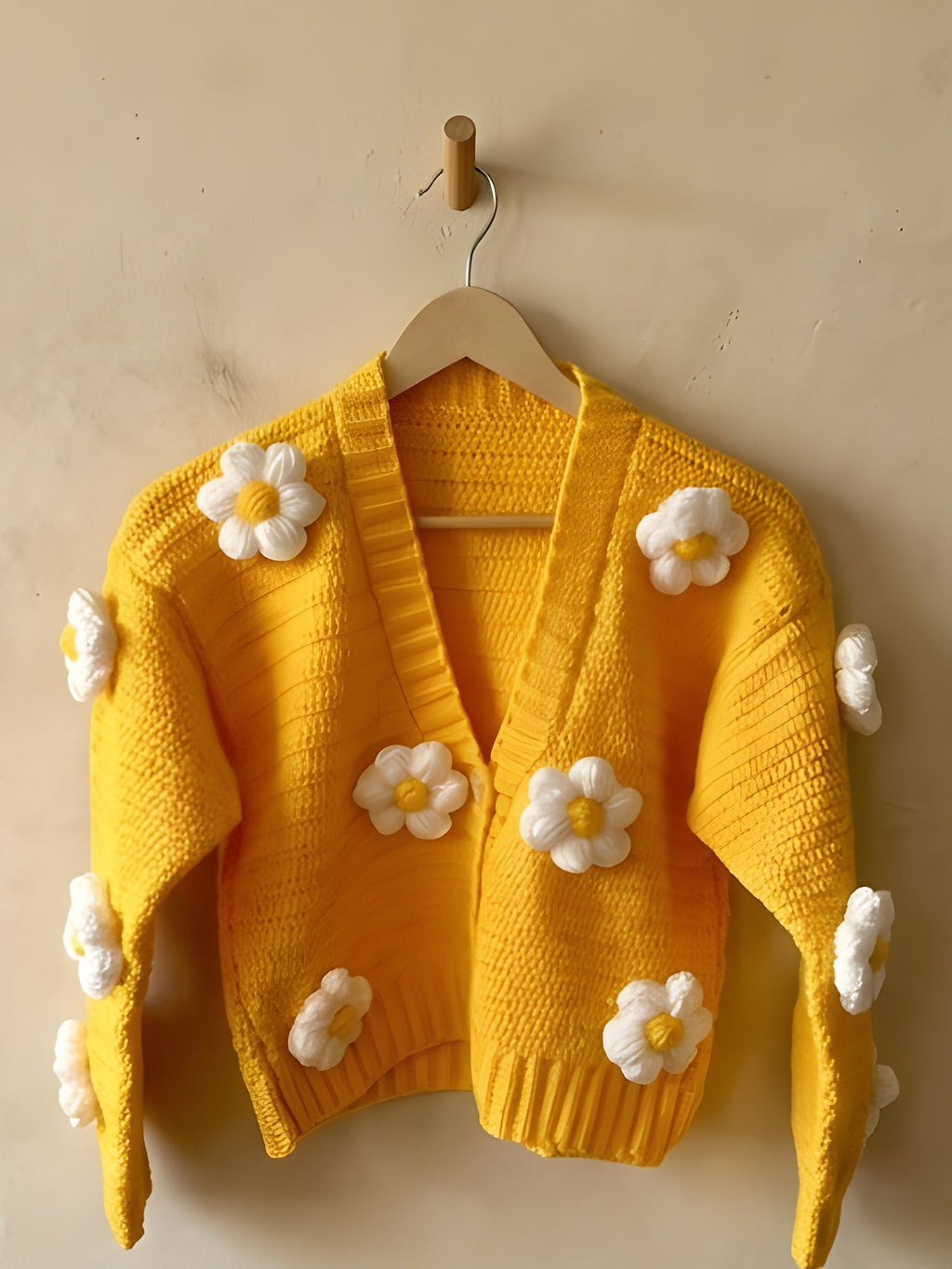 Puff Flower Cardigan 'Butter Me Up' by Looped Little Things, close-up