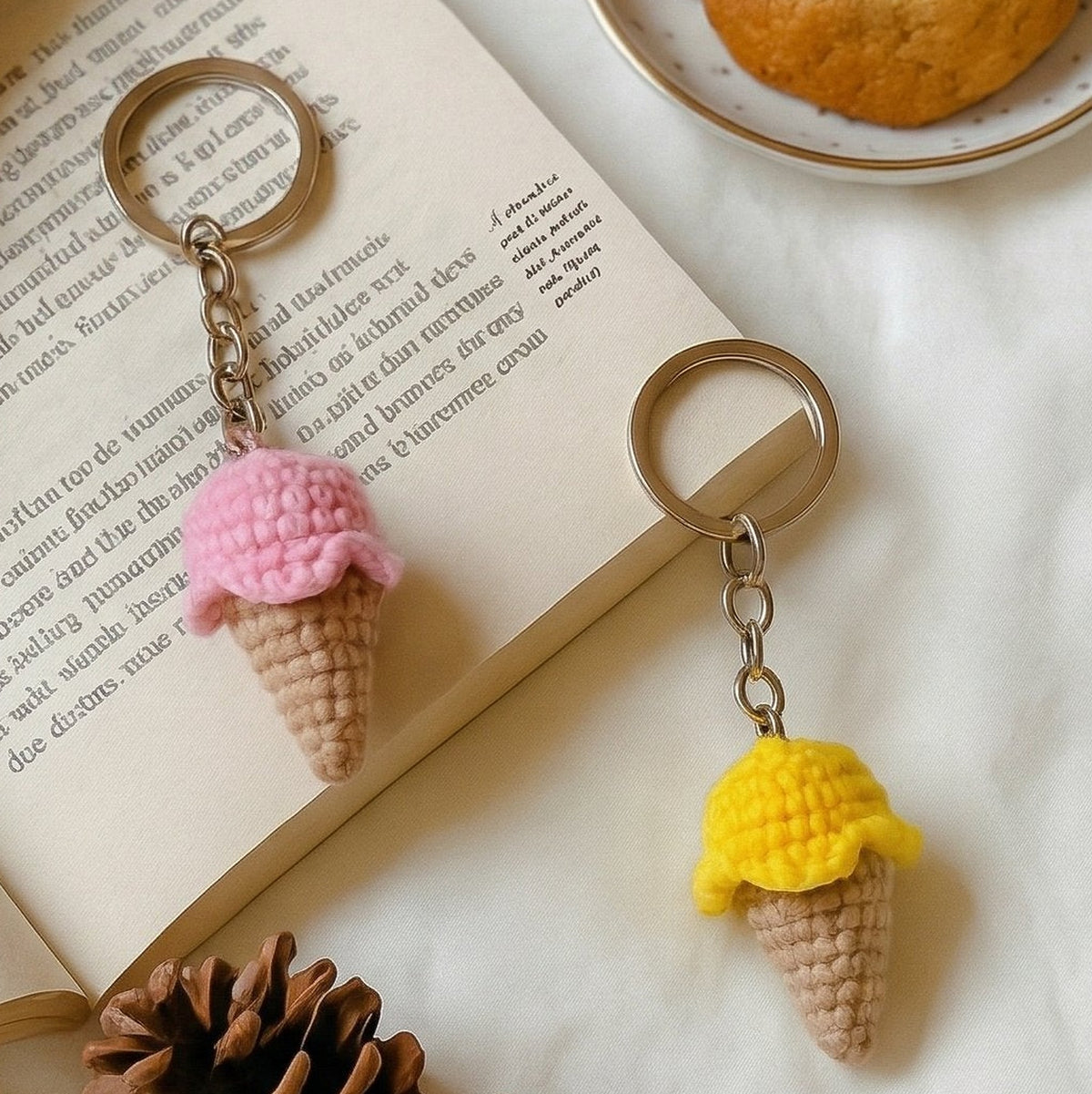 Crochet Ice Cream Cone Keychain 'Cone-Gratz' by Looped Little Things, close-up