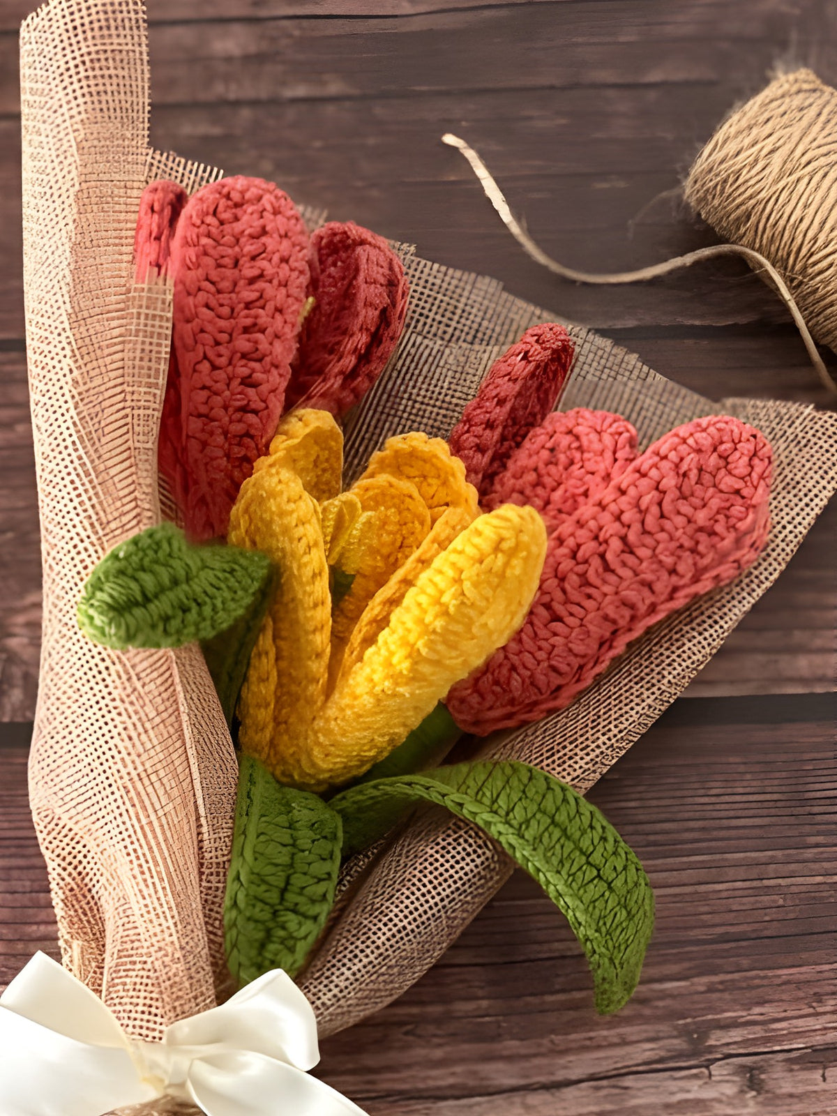 Crochet Coral & Sunshine Open Tulip Bouquet 'Coral-ly Ever After' by Looped Little Things, close-up