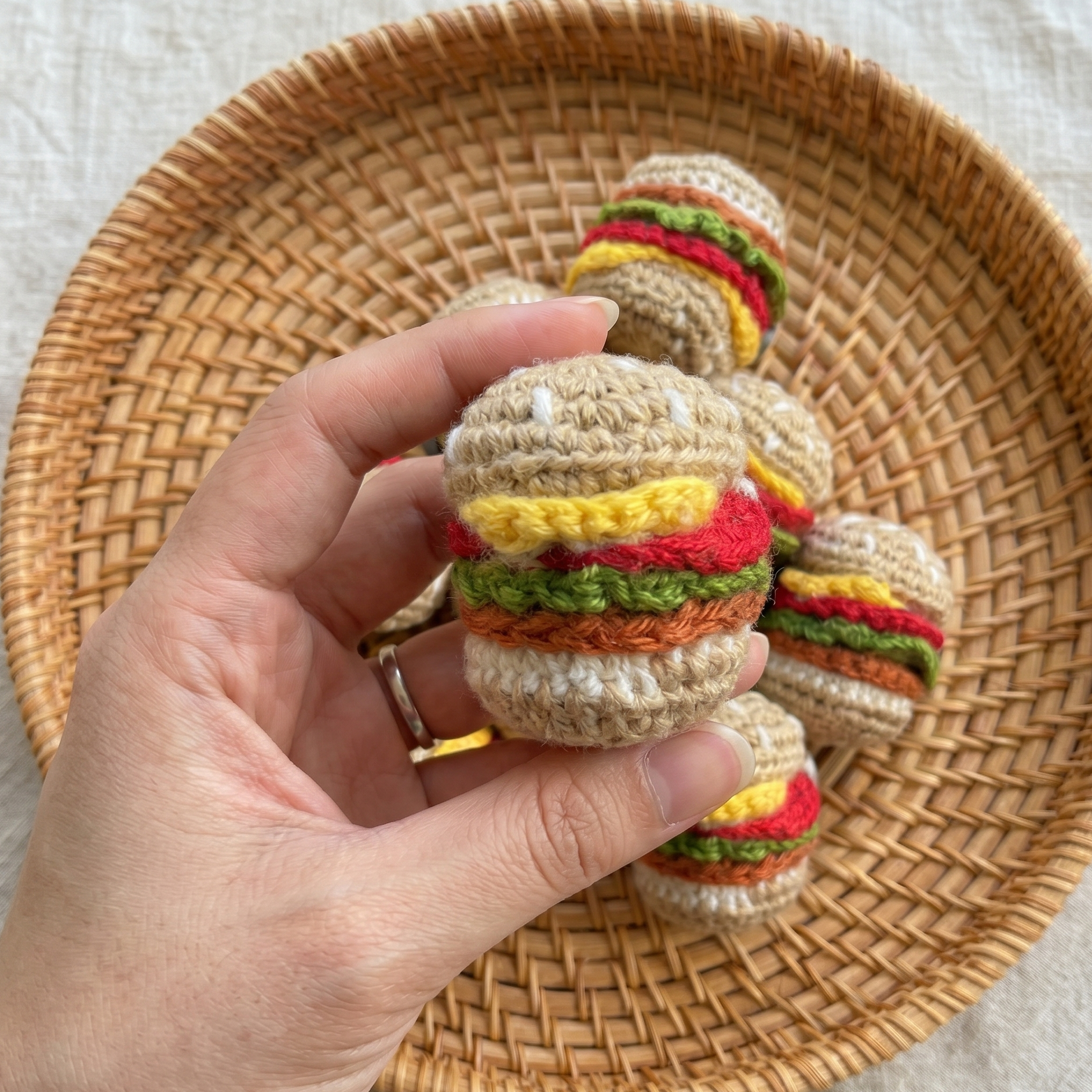 Crochet burger fridge magnet handmade in yarn, alternate view