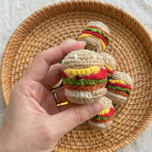 Crochet burger fridge magnet handmade in yarn, alternate view