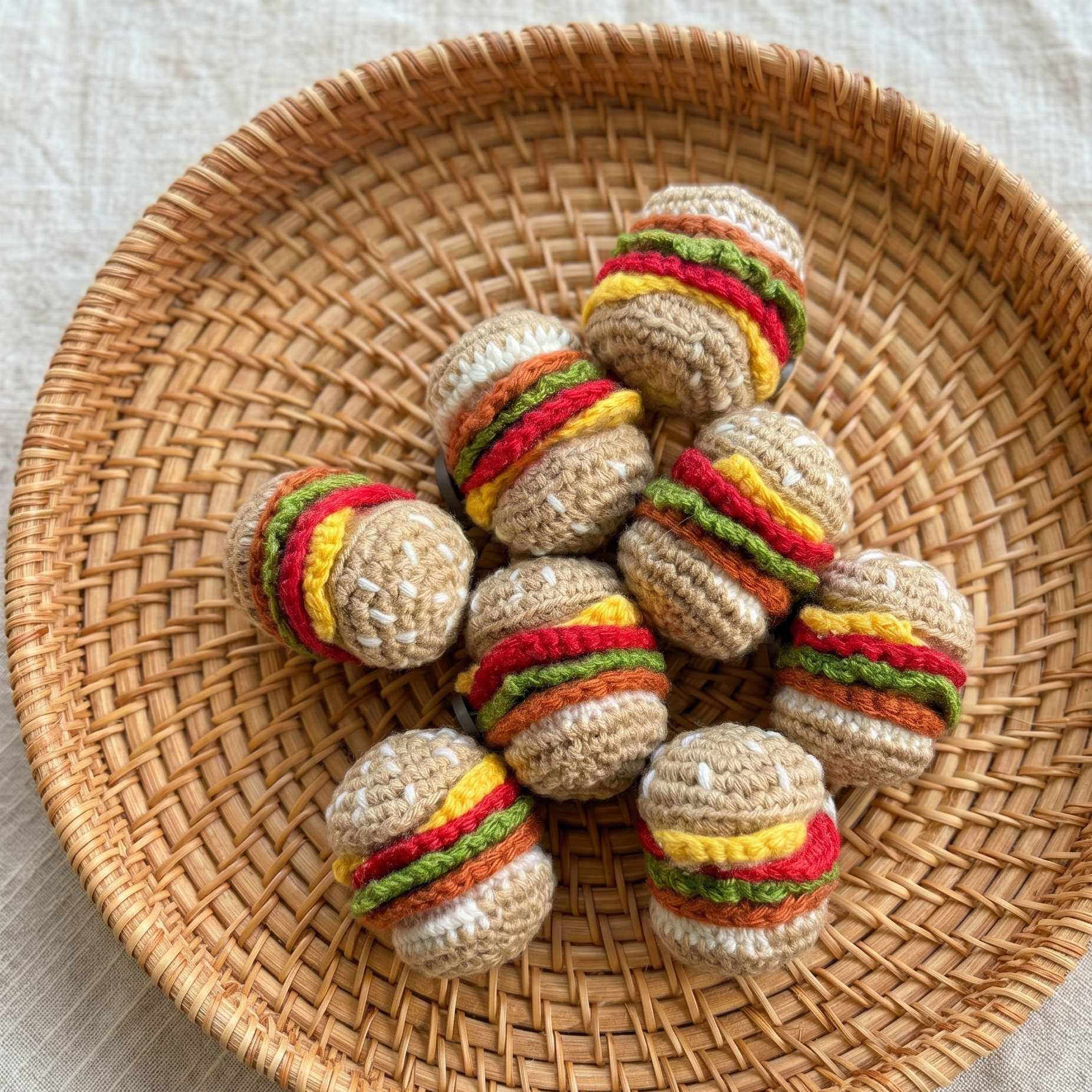Crochet burger fridge magnet handmade in yarn