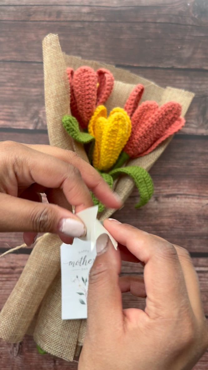Crochet Coral & Sunshine Tulip Bouquet — 'Coral-ly Ever After'