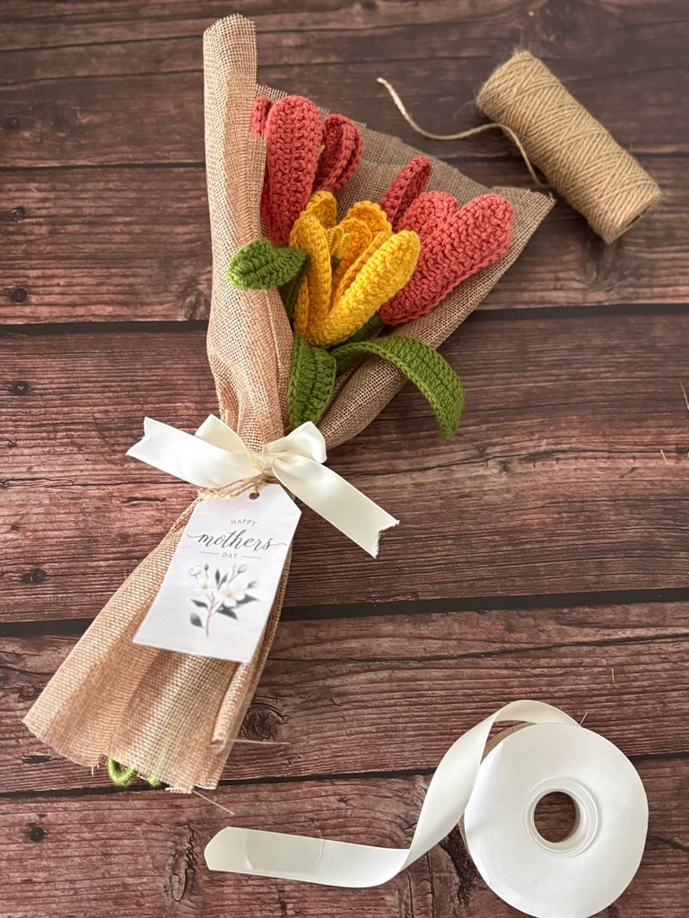 Crochet Coral & Sunshine Tulip Bouquet — 'Coral-ly Ever After'