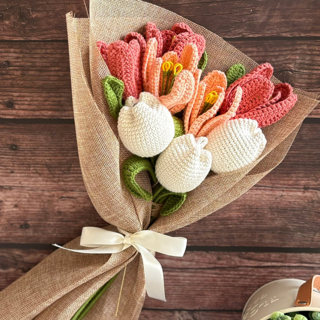 Crochet Pink Tulip, Peach Lily & White Bud Bouquet — 'Just Peachy'