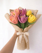 Crochet Peach, Lavender & Yellow Tulip Bouquet — 'Pastel Party'
