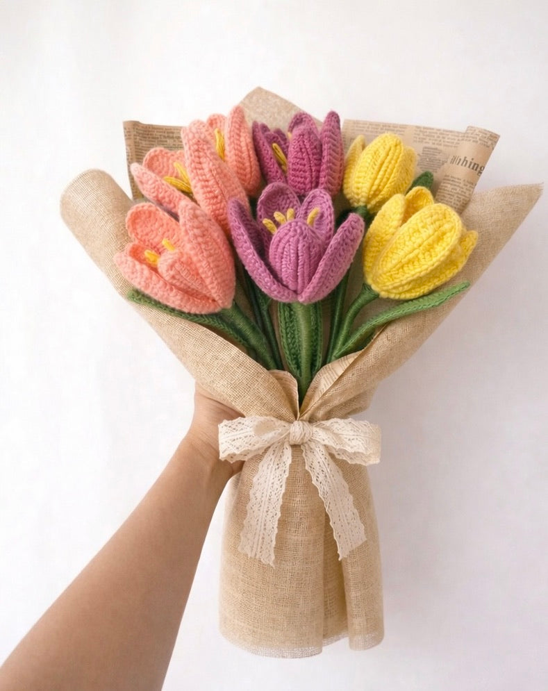 Crochet Peach, Lavender & Yellow Tulip Bouquet — 'Pastel Party'