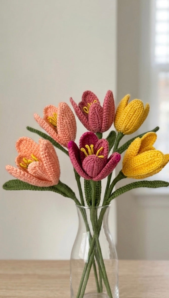 Crochet Peach, Lavender & Yellow Tulip Bouquet — 'Pastel Party'