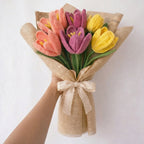Crochet Peach, Lavender & Yellow Tulip Bouquet — 'Pastel Party'