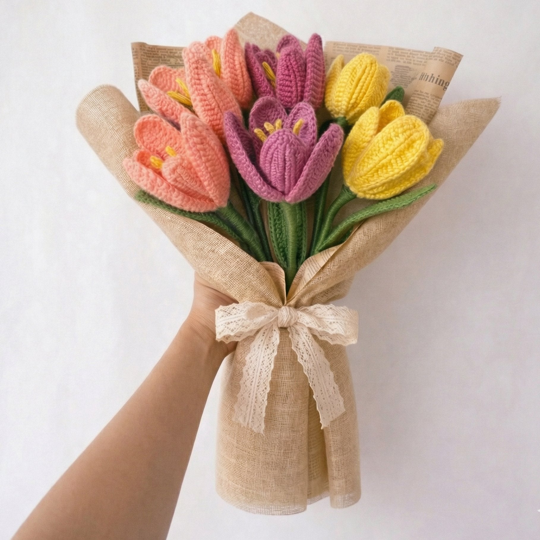 Crochet Peach, Lavender & Yellow Tulip Bouquet — 'Pastel Party'