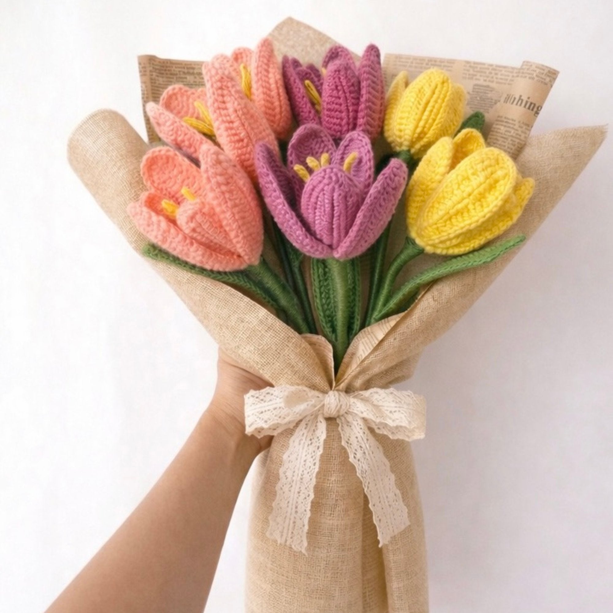 Crochet Peach, Lavender & Yellow Tulip Bouquet — 'Pastel Party'