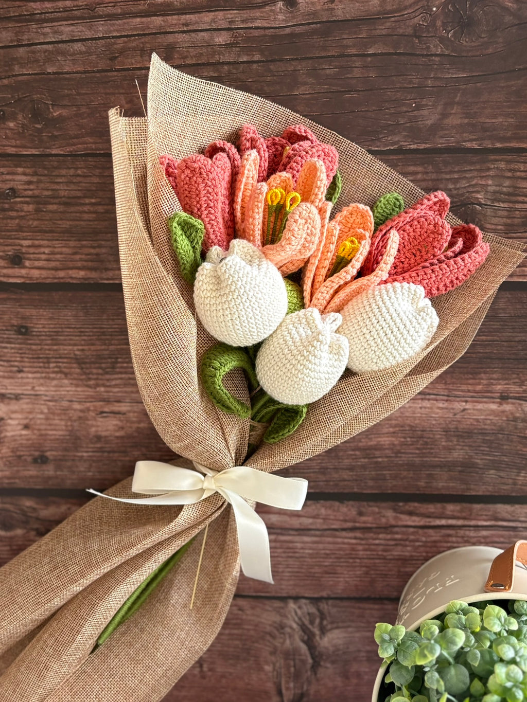 Crochet Pink Tulip, Peach Lily & White Bud Bouquet — 'Just Peachy'