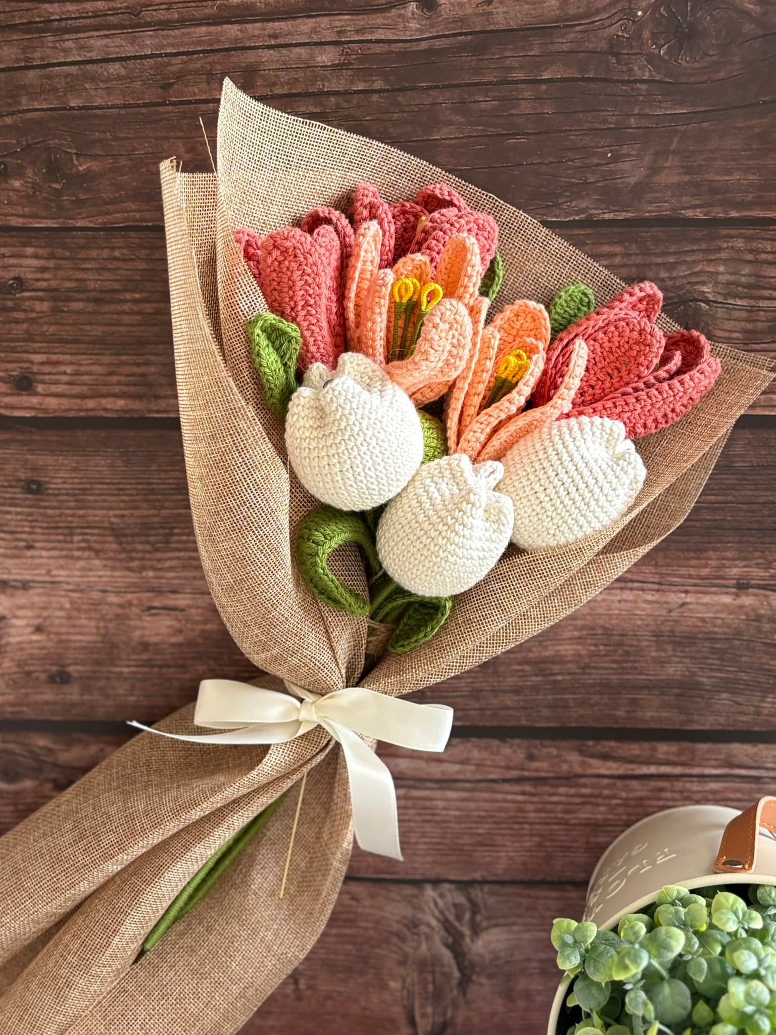 Crochet Pink Tulip, Peach Lily & White Bud Bouquet — 'Just Peachy'