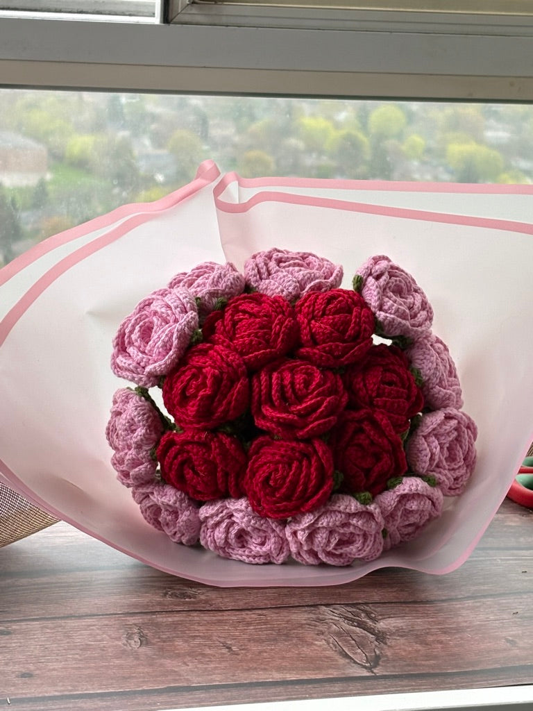 Crochet Pink & Red Rose Heart Bouquet — You Rose the Bar