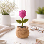 Crochet pink tulip in pot lifestyle shot, handmade by Looped Little Things