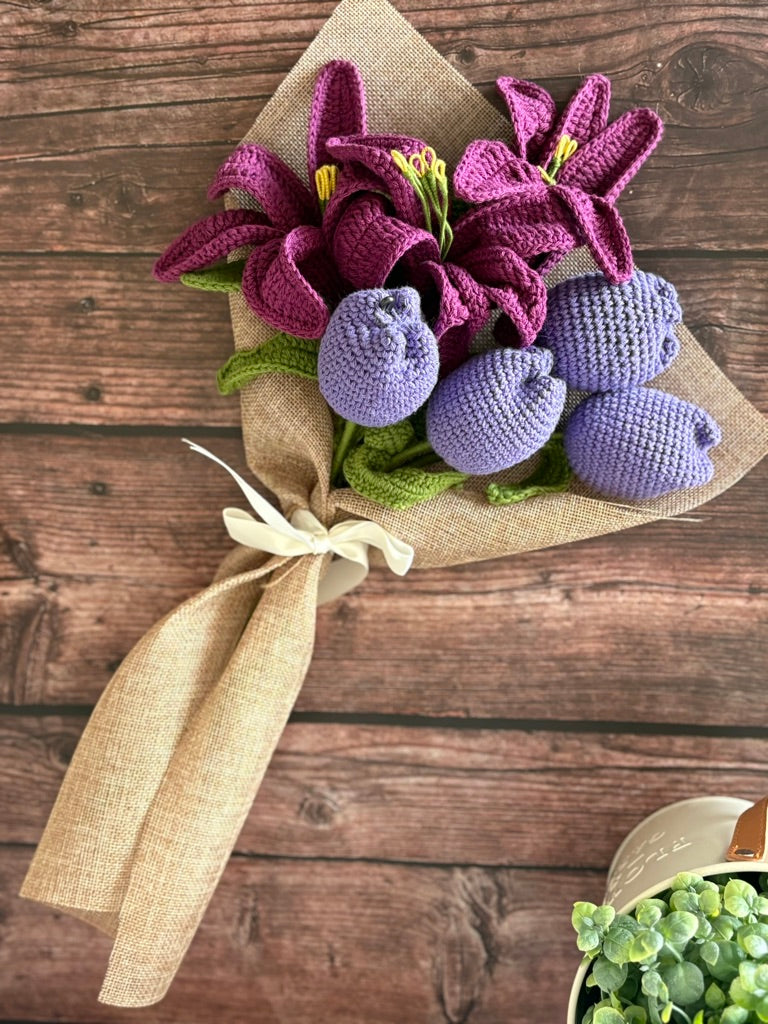 Crochet Roses, Lilies & Lavender Bouquet — 'Meadow Bloom'