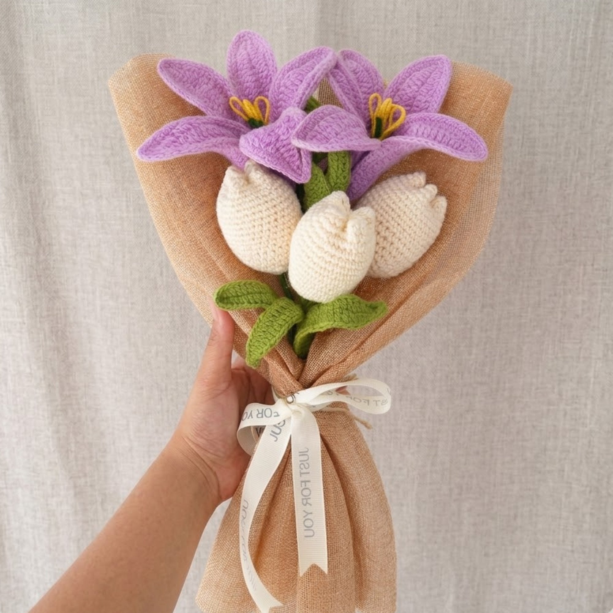 Crochet Purple Lily & White Tulip Bouquet — Lilac & Easy