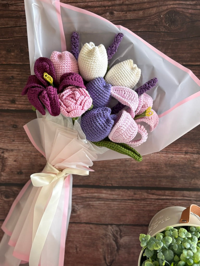 Crochet Purple, Pink & White Mixed Floral Bouquet — Grape Expectations
