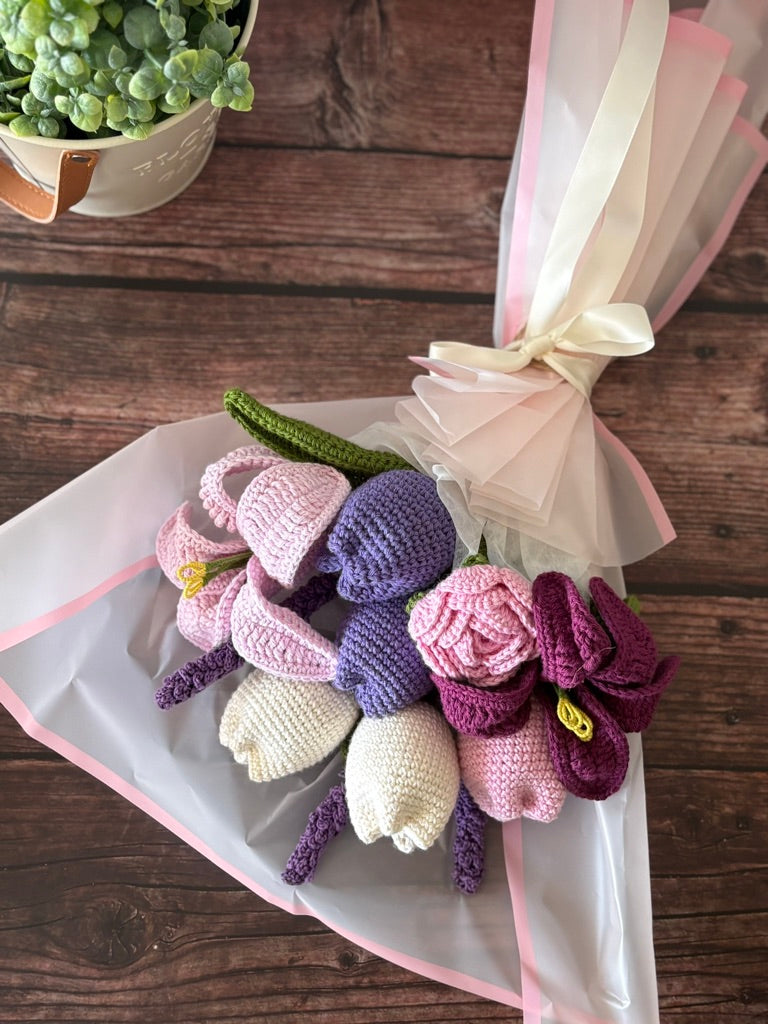 Crochet Purple, Pink & White Mixed Floral Bouquet — Grape Expectations