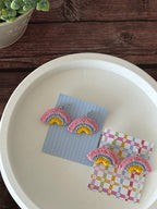 Crochet rainbow earrings with greeting cards flatlay, handmade in Toronto