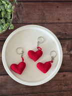 Trio of crochet red heart keychains, handmade bag charms from Looped Little Things