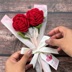 Crochet two-rose bouquet held in hand, handmade gift from Toronto