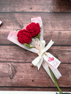 Pair of crochet red roses diagonal view, handmade bouquet from Looped Little Things