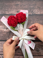 Pair of crochet red roses front view, handmade bouquet from Toronto