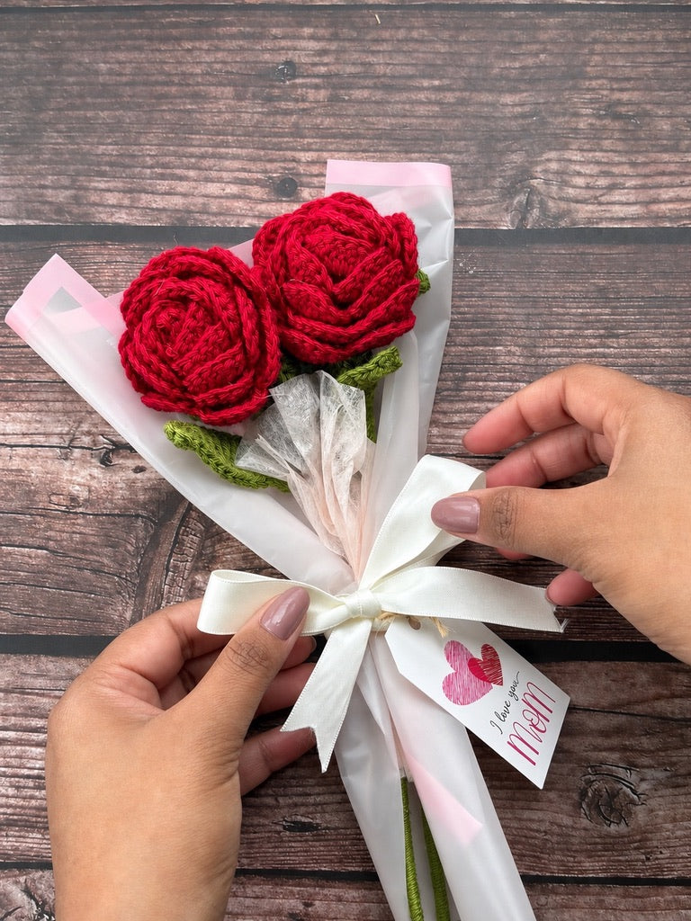 Pair of crochet red roses front view, handmade bouquet from Toronto
