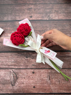 Pair of crochet red roses side view, handmade bouquet from Toronto