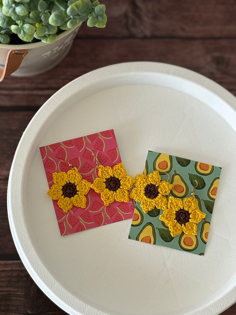 Handmade Crochet Sunflower Earrings — 'Sunny Drops'