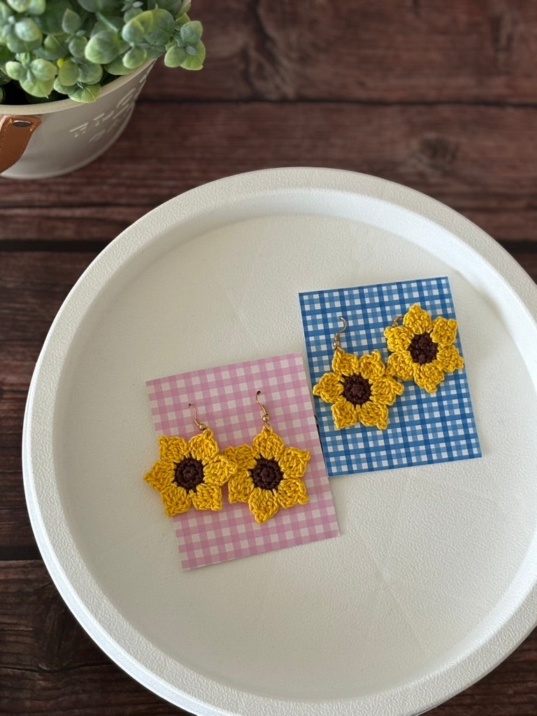 Handmade Crochet Sunflower Earrings — 'Sunny Drops'