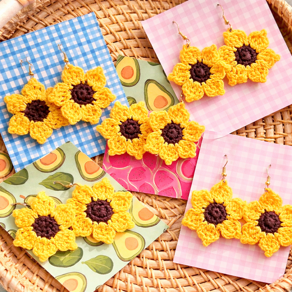 Handmade Crochet Sunflower Earrings — 'Sunny Drops'