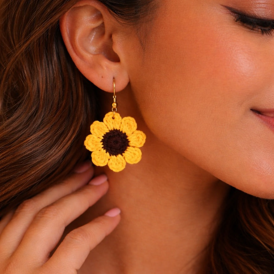 Handmade Crochet Sunflower Earrings — 'Sunny Drops'