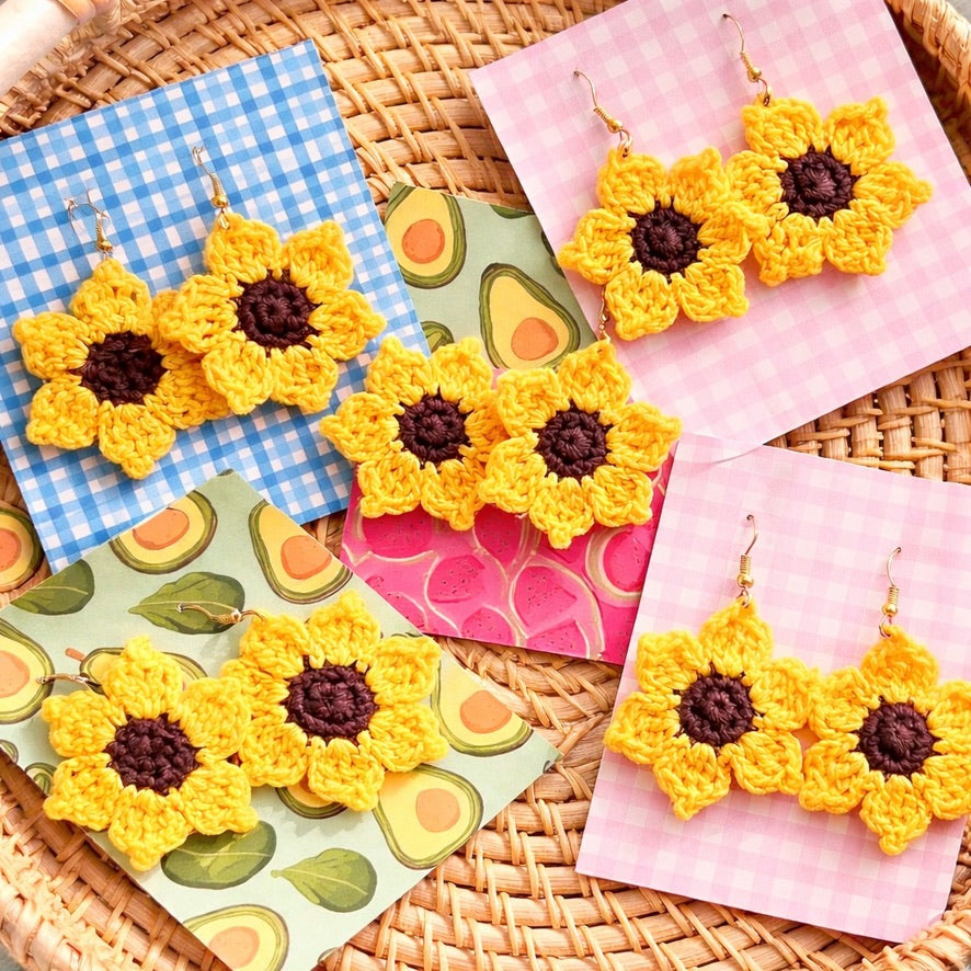 Handmade Crochet Sunflower Earrings — 'Sunny Drops' by Looped Little Things, view 2