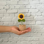 Crochet sunflower in pot held in hand, showing handmade yarn detail