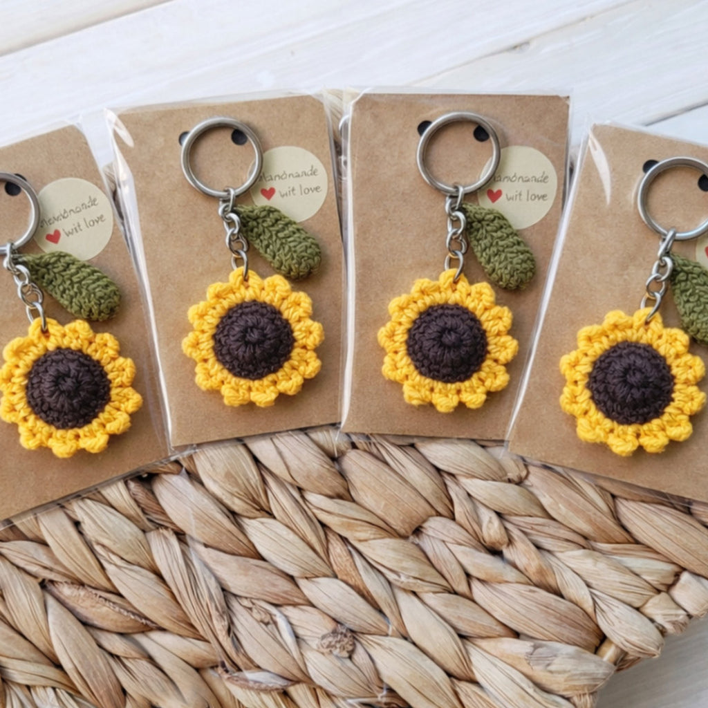 Crochet sunflower keychain packaged and ready to gift, handmade in Toronto