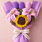 Close-up of crochet lilies, sunflower and tulips bouquet, handmade in Toronto