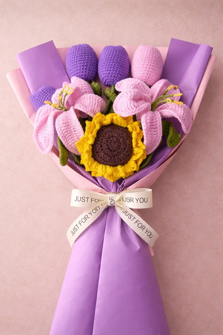 Handmade Crochet Lilies, Sunflower & Tulips — 'Sun of a Bloom'