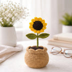 Crochet sunflower in pot lifestyle shot, handmade home decor from Toronto