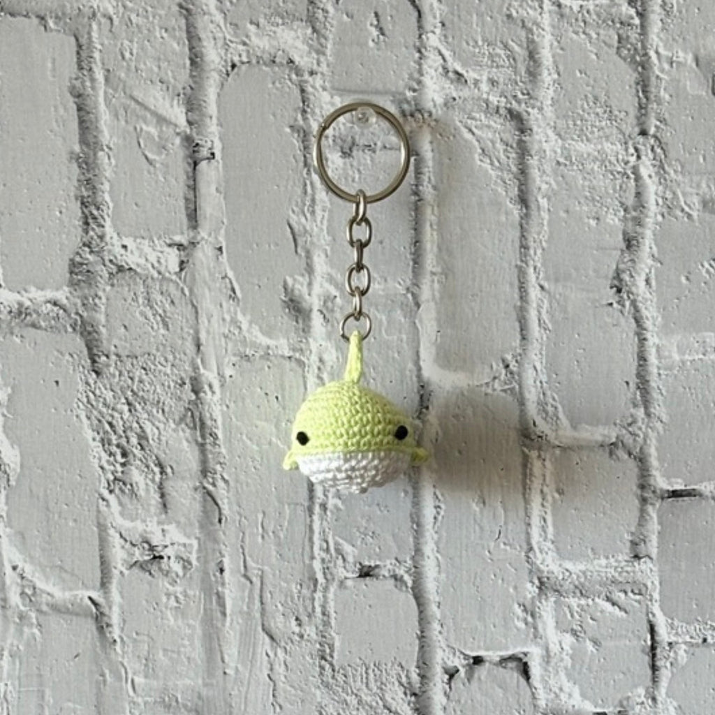 Crochet whale keychain product shot, handmade bag charm by Looped Little Things