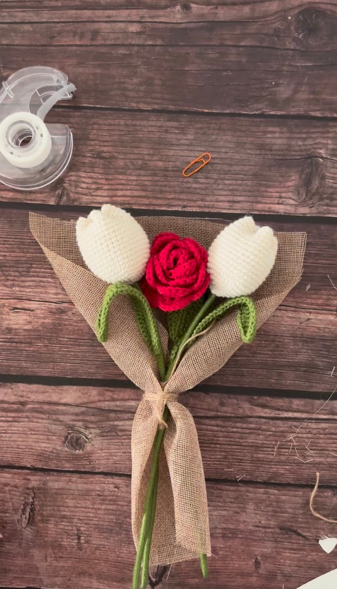 Crochet Red Rose & White Tulip Bouquet — Rose to the Occasion